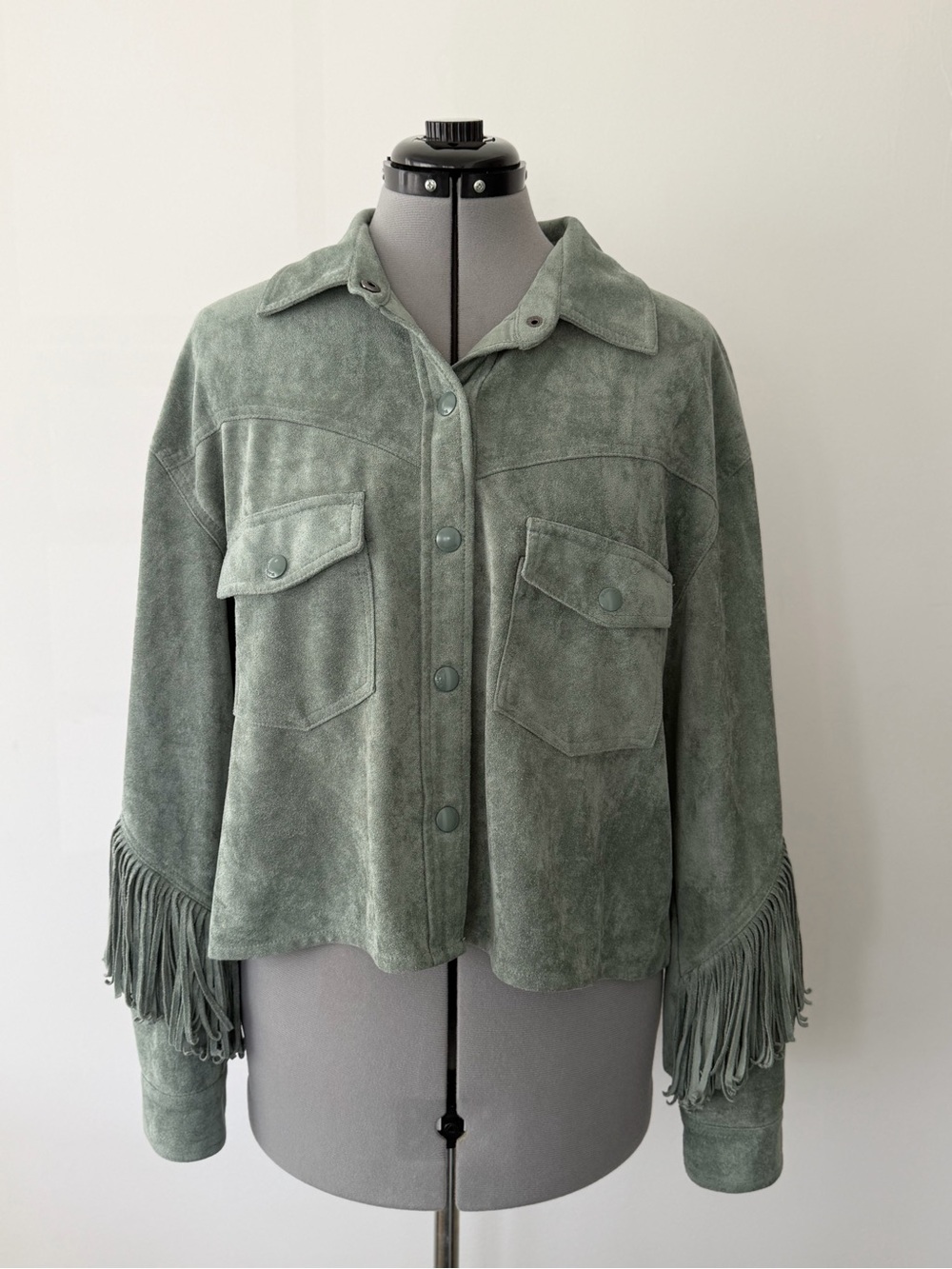 BLANKNYG - Free People - Fringe Jacket - Faux Suede - women’s sz L - Sage Green - Picture 5 of 11